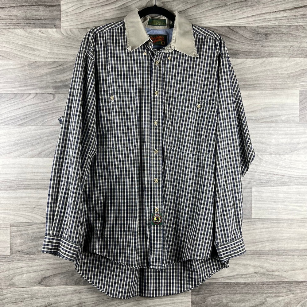 Vintage Rooster Shirt Works Button Down Shirt Mens 16.5 34/35 Green Plaid Cotton